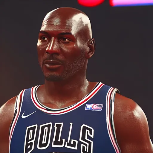 Image similar to close - up screenshot of michael jordan in nba 2 k 2 3, video game for the playstation 4, depth of field, hyperdetailed, 4 k, 8 k