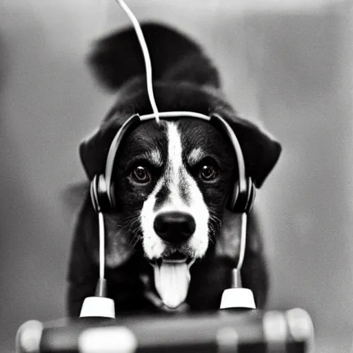 Prompt: a prize - winning highly detailed vintage black - and - white grainy damaged photograph of a dog playing xbox with an intense expression as it barks into a headset