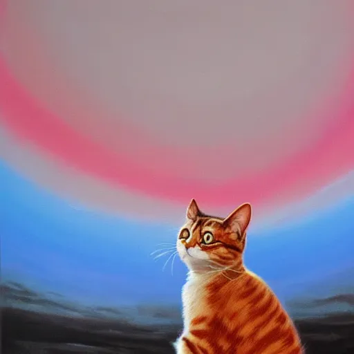 Image similar to oil painting of a cat observing the end of the world, aftermath of nukes, wasteland of a city, red tinted hue