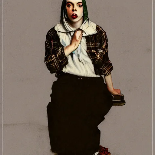 Image similar to norman rockwell painting of billie eilish full body, award winning painting, ultra detailed high quality