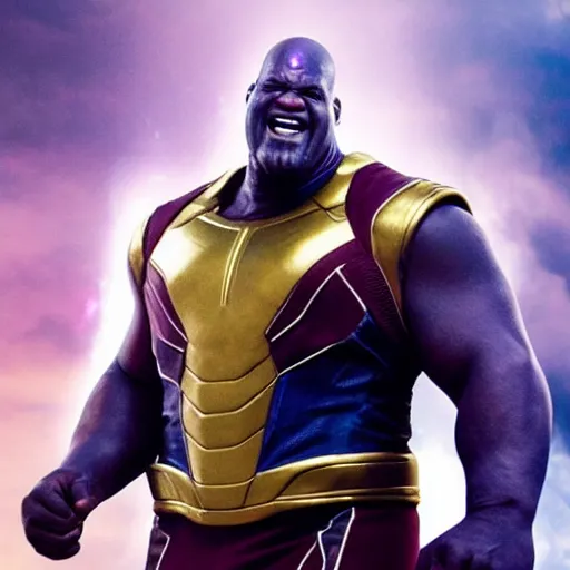 Prompt: Film still of Shaquille O'Neal as Thanos, from Marvel Avengers