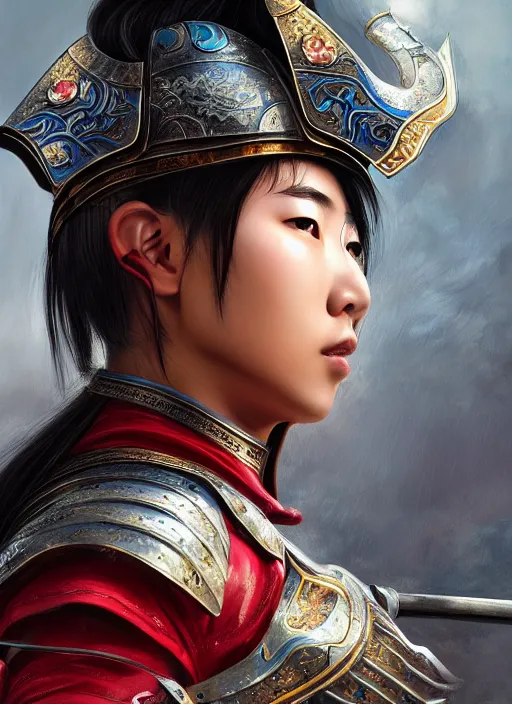 Image similar to a portrait of a beautiful young chinese warrior in armor, by artgerm, nick silva, ja mong, greg rutkowsky, oil painting, soft painting, photorealism, skin reflections