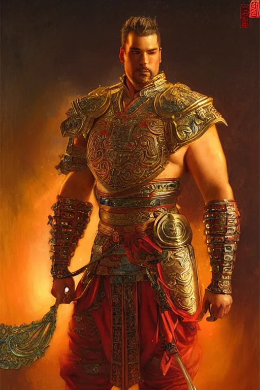 Image similar to attractive beefy male with armor, ming dynasty, character design, colorful, neon lights, painting by gaston bussiere, craig mullins, j. c. leyendecker, tom of finland