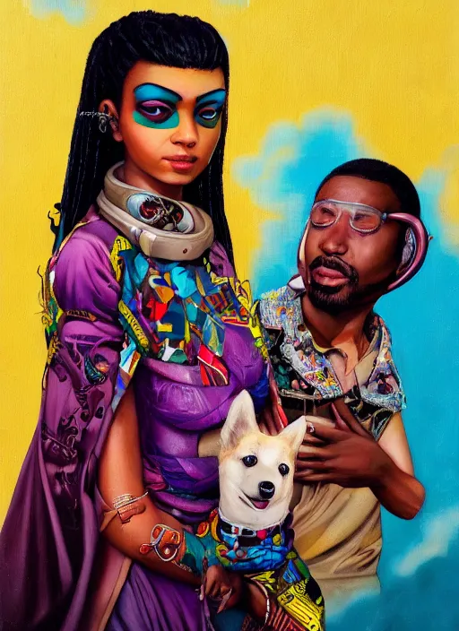 Prompt: beautiful portrait painting of a beautiful attractive lofi african cyberpunk princess and her corgi assassin king being happy, by Afarin Sajedi, Alessandro Barbucci, Alex Gross, Shin Jeongho, Shohei Otomo. trending on Artstation, 8k, masterpiece, face enhance, graffiti paint, fine detail, full of color, intricate detail, golden ratio illustration