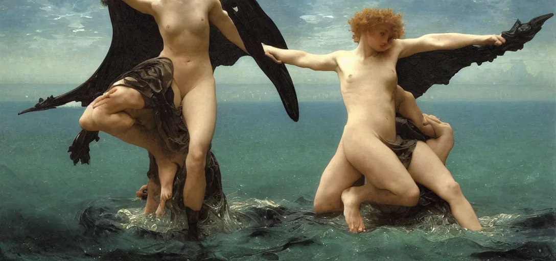 Prompt: hyperrealist highly detailed english medieval portrait of high fashion archangel swimming in black giant ferrofluid liquid ocean, Art by William Adolphe Bouguereau,, Art by William Adolphe Bouguereau,, by Annie Swynnerton and Tino Rodriguez and Maxfield Parrish, elaborately costumed, rich color, dramatic cinematic lighting, extremely detailed, radiating atomic neon corals, concept art pascal blanche dramatic studio lighting 8k wide angle shallow depth of field, Art by William Adolphe Bouguereau, extreme detailed and hyperrealistic
