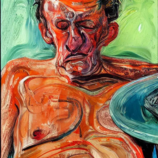 Image similar to high quality high detail expressionist painting of a man in agony by lucian freud and jenny saville edvard munch and francis bacon, hd, anxiety, seated at table, turquoise and orange