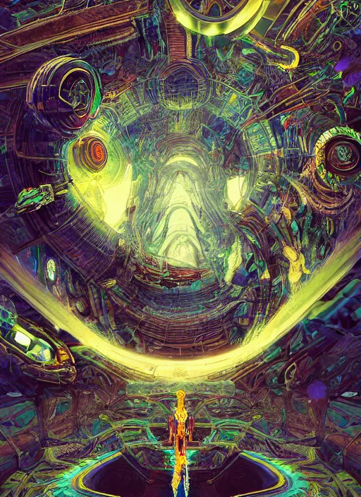 Prompt: a machine god in the machine universe encounters a living being organic cosmos inside an asymmetric orthogonal non - euclidean upside down inside out world with an infinite cosmic spiral waterfall of living information, inspired by android jones and beeple, hyperrealistic, extreme detail, digital art, concept art, rendered in cinema 4 d, cryengine 8 k