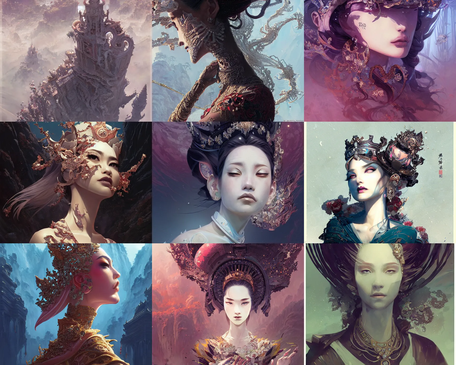 Prompt: the distorted empress, magnificent, close up, details, sharp focus, elegant, highly detailed, illustration, by Jordan Grimmer and greg rutkowski and PiNe(パイネ) and 薯子Imoko and 香川悠作 and wlop and maya takamura, intricate, beautiful, Trending artstation, pixiv, digital Art