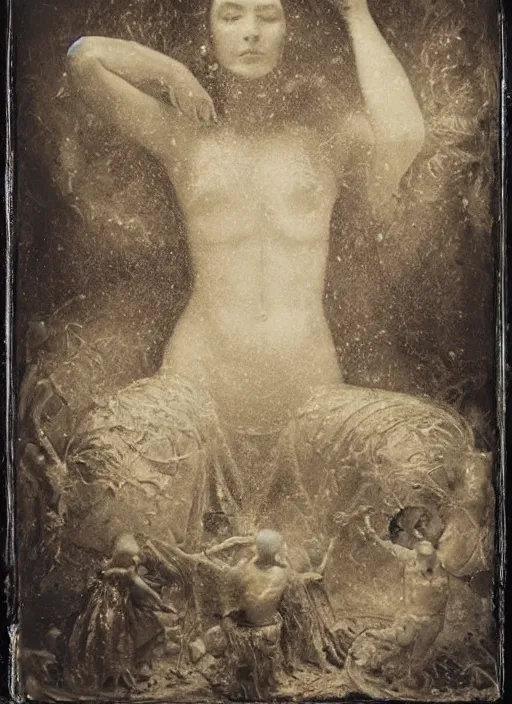 Prompt: old wetplate daguerreotype birth of a new life, fractal, intricate, elegant, highly detailed, parallax, leica, medium format, subsurface scattering, by jheronimus bosch and greg rutkowski and louis jacques mande daguerre