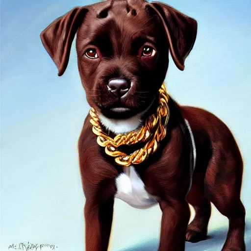 Prompt: young rich dark brown staffordshire terrier puppy with a white underbelly, wearing gold chains, sitting on his back legs, big brown eyes, cool, stylish, rule of thirds, extremely fine detail, gouche, oil painting, artstation