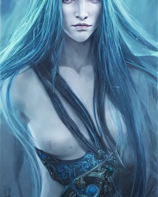 Image similar to portrait of a ranni the witch from elden ring, blue hair, elegant, beautiful, mesmerizing, concept art, highly detailed, artstation, behance, deviantart, trending, ayami kojima, shinichi sakamoto, kaoru mori