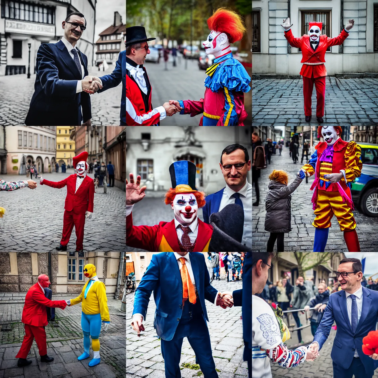 Prompt: mateusz morawiecki morawiecki as the clown of poland shaking someones hand, eos - 1 d, f / 1. 4, i s o 2 0 0, 1 / 1 6 0 s, 8 k, r a w, unedited, symmetrical balance, in - frame, photoshop, nvidia, topaz ai