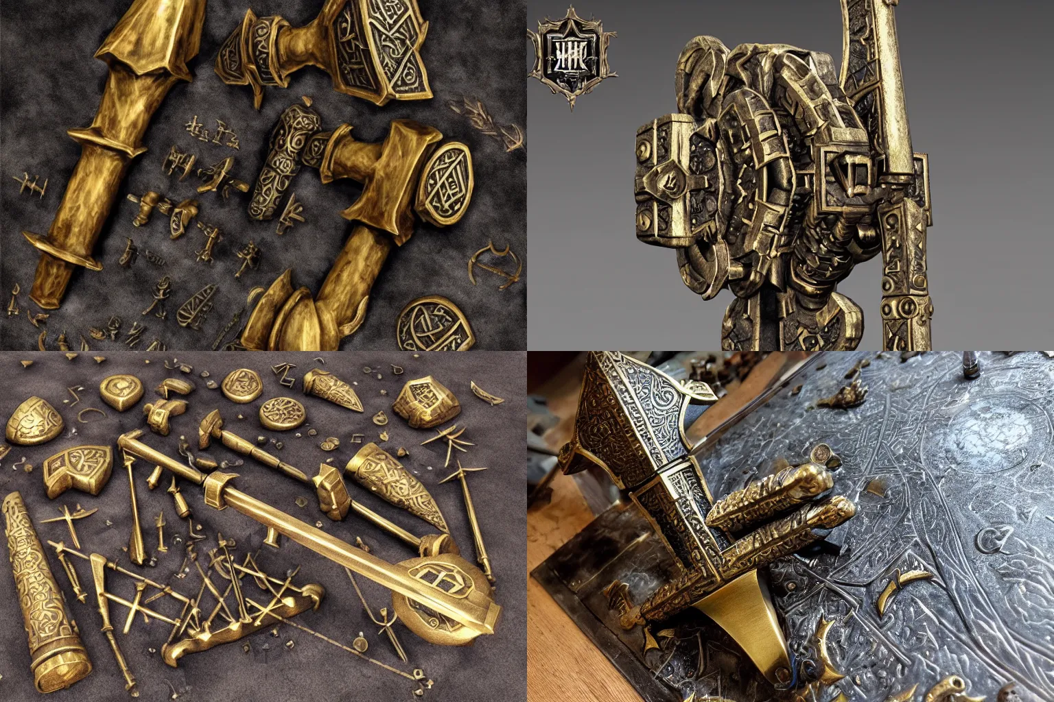 Prompt: a well crafted war-hammer made out of brass with dwarven runes on it | hyperdetailed | intricate | hyperrealistic | volumetric lighting |