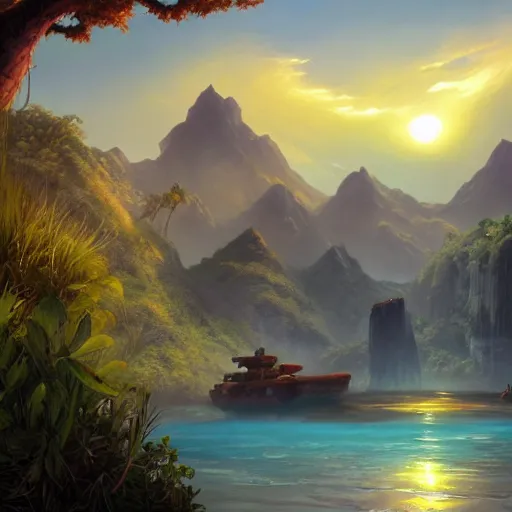 Prompt: matte painting of a beautiful lagoon from Uncharted games by Jordan Grimmer and Ken Sugimori, Trending artstation, pixiv, digital Art, Pokemon anime style, at dusk!!