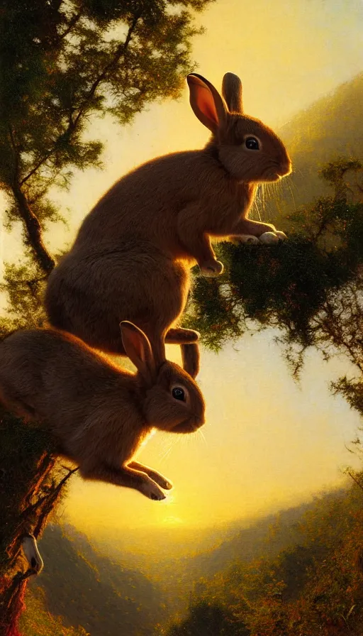 Image similar to hyper realistic rabbit looking off of a cliff, sun setting behind rabbit, lush forest in valley below, painted by gaston bussiere, craig mullins, j. c. leyendecker 8 k