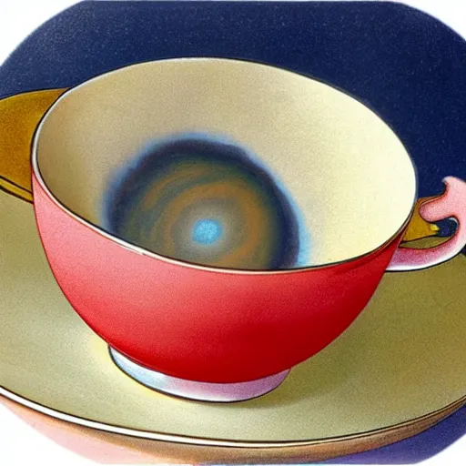 Image similar to a teacup containing a planet Jupiter as a boiling liquid, hyper realistic