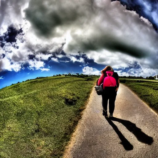 Image similar to walking around in heaven, clouds, GoPro, wide angle lens, high resolution 8k,