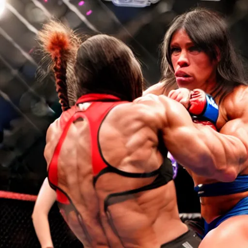 Image similar to transgender muscular woman beating up woman in ufc