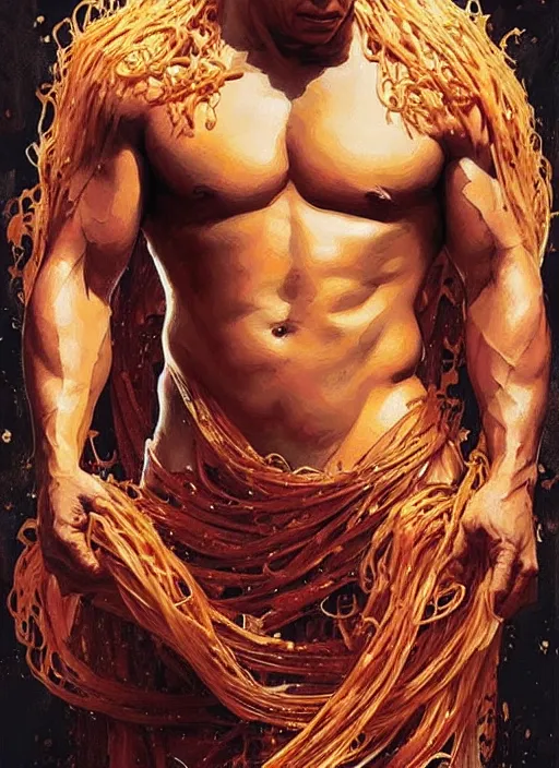 Image similar to vin diesel covered in spaghetti, painting by artgerm and greg rutkowski and alphonse mucha