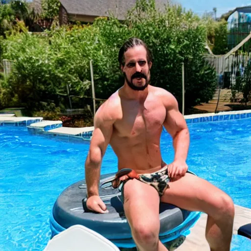 Image similar to Eric Bugenhagen on a raft in a pool