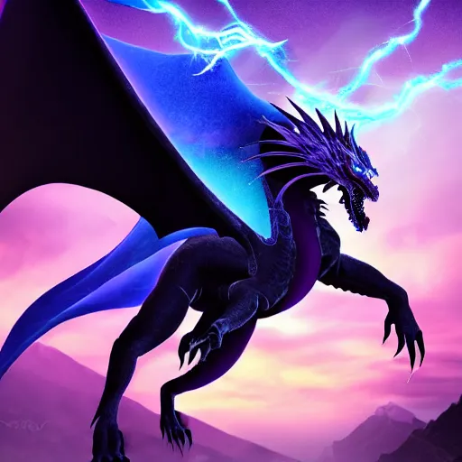 Image similar to mysterious figure with a purple coat and blue crown riding a dragon made of lightning, digital art, 4 k ultra hd, hyper realistic