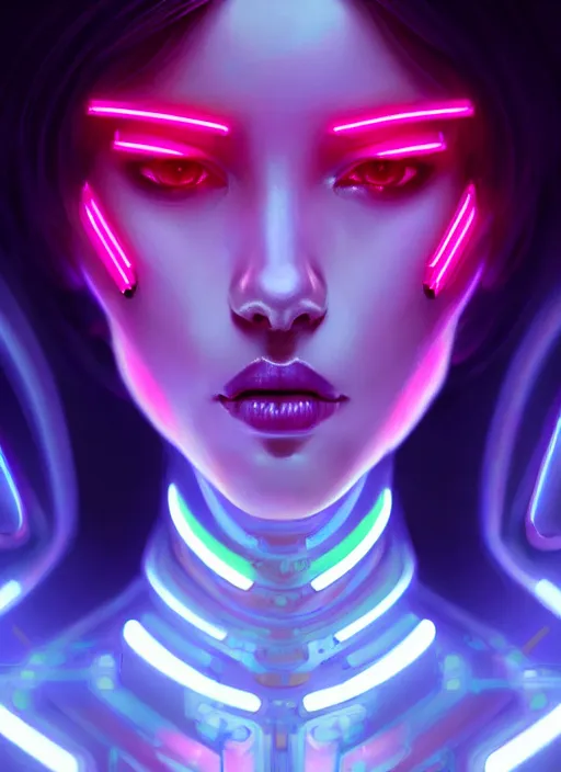 Image similar to portrait of female cyber humanoid, intricate, elegant, cyber neon lights, highly detailed, digital painting, artstation, glamor pose, concept art, smooth, sharp focus, illustration, art by artgerm and greg rutkowski