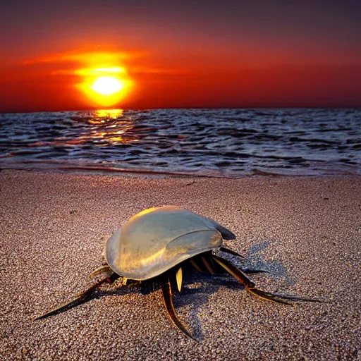 Image similar to Horseshoe crab on the beach during sunset, award winning photograph