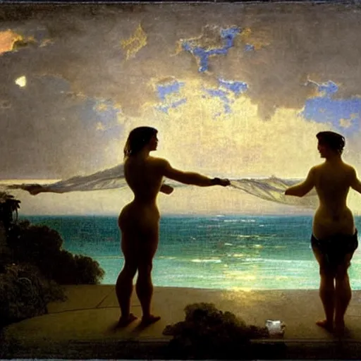 Image similar to Silhouette of two girls at the palace, thunderstorm, greek pool, beach and palm trees on the background major arcana sky, by paul delaroche, alphonse mucha and arnold böcklin arnold böcklin hyperrealistic 8k, very detailed