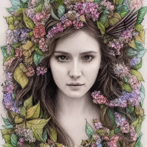 Prompt: a detailed pencil drawing of a beautiful woman clothed in flowers and leaves standing in an enchanted forest, high fantasy, elegant, epic, detailed, intricate, watercolor, concept art, realistic detailed face, smooth, focus, rim light, detailed 8 5 mm f / 1. 4, anamorphic lens