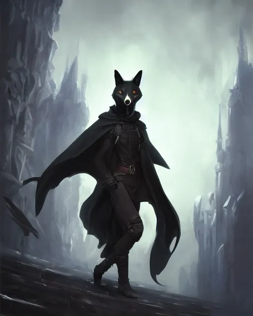 Image similar to oil painting of Anthropomorphized dark Fox thief, wearing dark cloak, holding bag, mischievous look, sharp focus, fantasy style, octane render, volumetric lighting, 8k high definition, by greg rutkowski, highly detailed, trending on art Station, magic the gathering artwork, dark steampunk city backround, centered