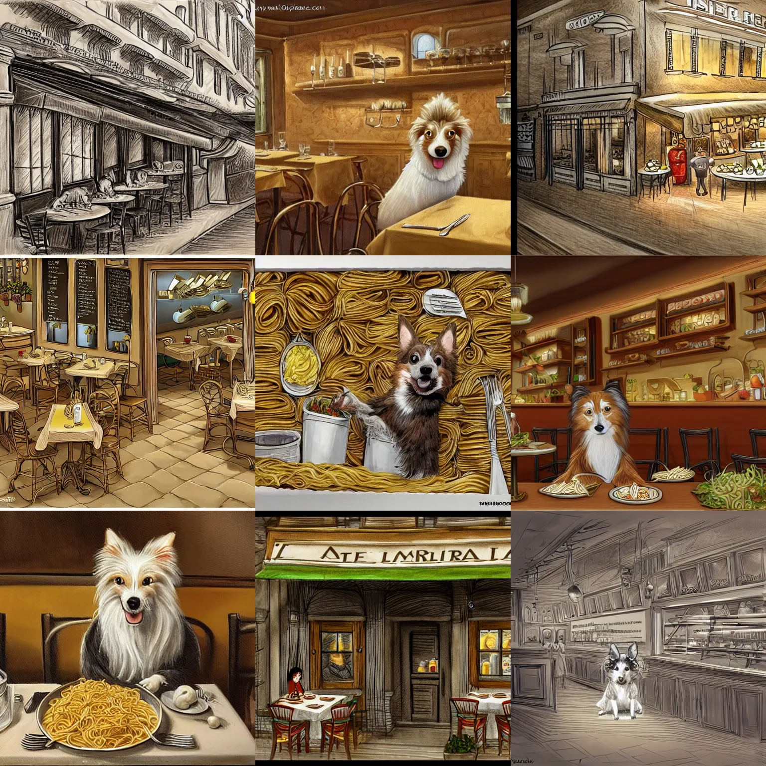 Prompt: a sheltie working on a pasta restaurant, intricate, detailed, concept art