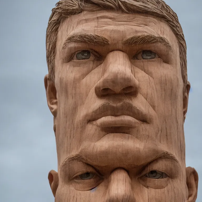 Prompt: 2 0 0 ft sculpture geometric minimalist!!! accurate portrait of chris hemsworth, beautiful symmetrical!! face accurate face detailed face realistic proportions, hand - carved out of red oak wood on a pedestal by stephan balkenhol and martin puryear, cinematic lighting shocking detail 8 k