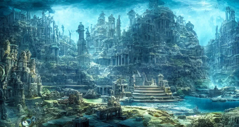 Prompt: a magnificent photo of the lost city of Atlantis, underwater, landscape, buildings, epic lighting, hyper detailed, 4K