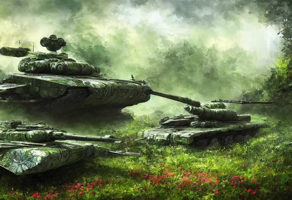 Prompt: shiny futuristic military tank, fertile green forest environment with flowers and fantastic animals, fantasy art, scifi art, airbrush