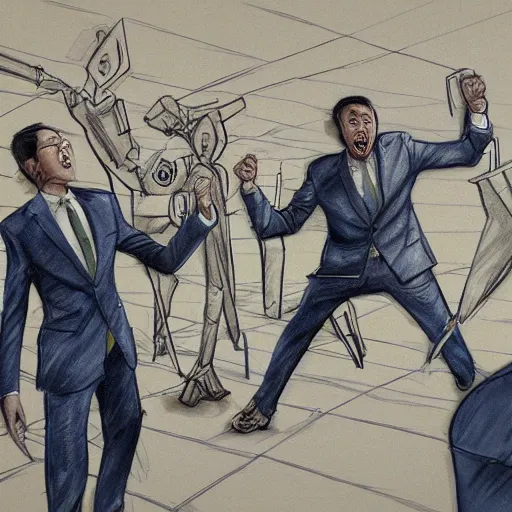 Image similar to highly detailed realistic sketch of UN members in suits yelling at a cyborg samurai, fear and anger in their eyes, colored , award winning , masterpiece on a scroll , post-processing