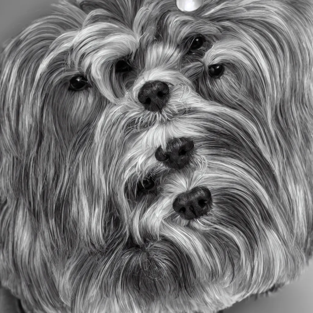 Image similar to image of a havanese dog reflected on the surface of a single chrome sphere, ultra wide 1 0 mm, by m c escher pen and paper