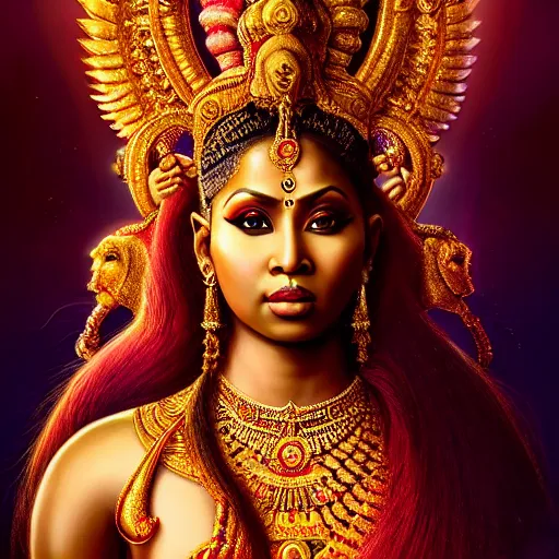 Image similar to majestic gracious deity nicki minaj dressed as a stunning hindu goddess, stunning portrait, ancient greece, elysium, atmospheric lighting, painted, intricate, volumetric lighting, beautiful, rich deep colours masterpiece, golden hour, sharp focus, ultra detailed, by leesha hannigan, ross tran, thierry doizon, kai carpenter, ignacio fernandez rios