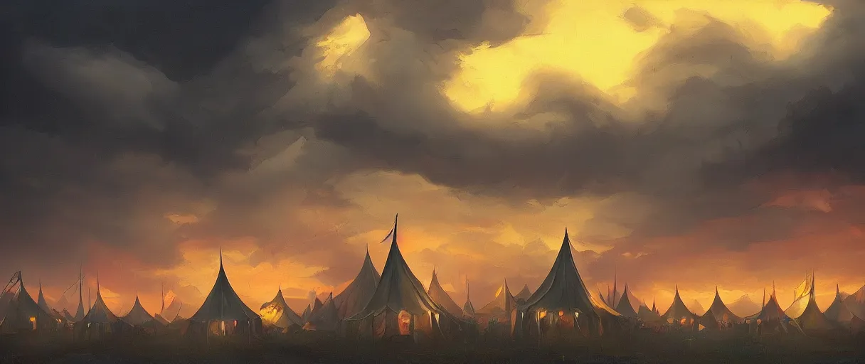 Prompt: beautiful painting silhouette of dark colorfull evil circus tents, dark stormy dramatic sky, Moebius, frank frazetta, james gurney, thomas kinkade, rodney mathews, beeple, trending on artstation