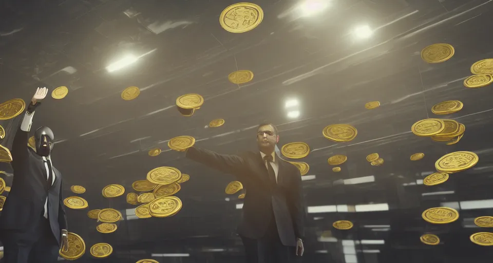 Image similar to Dramatic photo of a CEO waving to a large group of his coworkers in a futuristic office. Golden coins are levitating all around them. 8k, high detail, trending on Artstation, volumetric lighting, cyberpunk