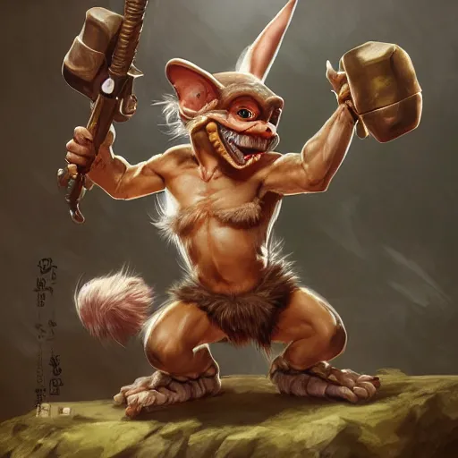 Image similar to portrait of a very very cute gizmo mogwai gremlin barbarian, muscular, wild, upper body, d & d, fantasy, intricate, cinematic lighting, highly detailed, digital painting, artstation, concept art, smooth, sharp focus, illustration, art by hajime sorayama