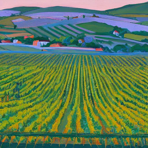 Prompt: solarpunk dreaming csaterberg wineyards, painted by Alex Katz, highly detailed
