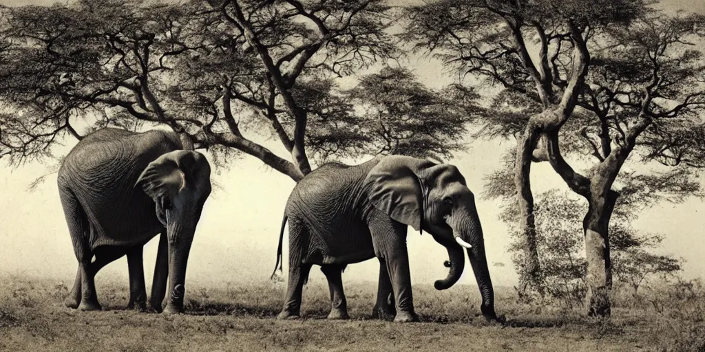 Image similar to photo of an elephant with trees growing from it top spine, in the background, a dead field of cut down trees