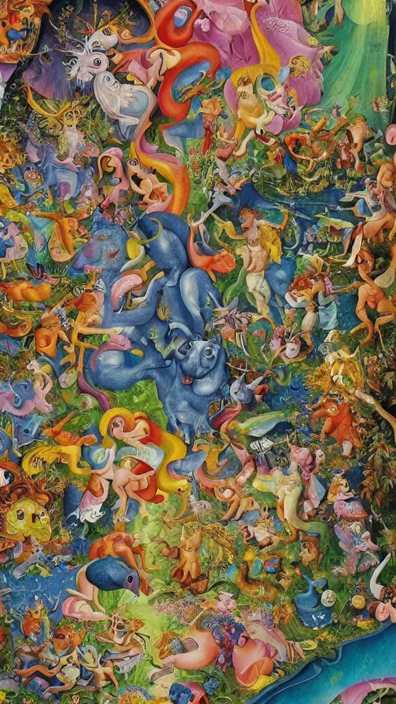 Image similar to an incredibly detailed masterpiece collaborative painting by bosch and lisa frank, ornate, detailed, high resolution, wow!, intricate