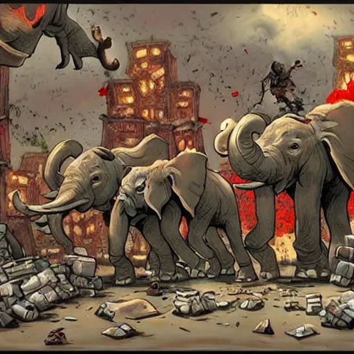 Prompt: giant zombie elephants destroying a city