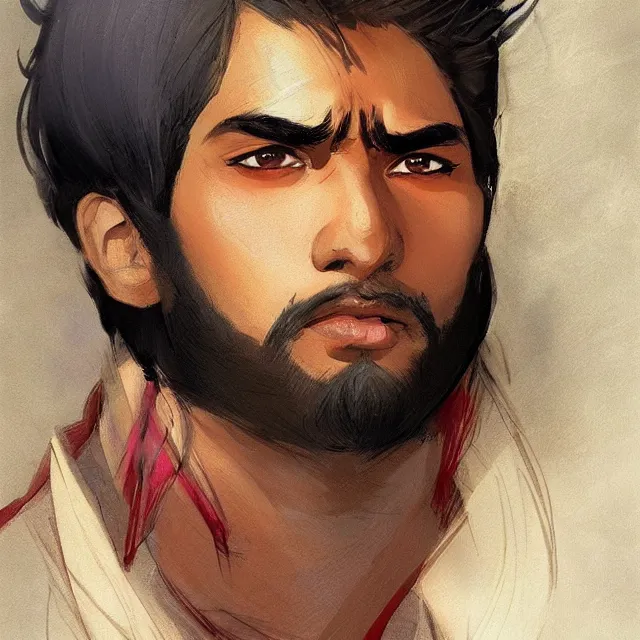 Image similar to handsome indian anime character, medium close up portrait, elegant, digital painting, artstation, concept art, smooth, sharp focus, illustration, art by konstantin korovin and daniel f. gerhartz and john howe