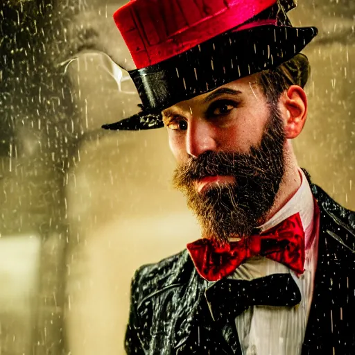 Image similar to cinestill 5 0 d candid photographic portrait by david cronenberg of baroque steampunk cyborg gentleman wearing a red edwardian suit and top hat, floral growths, modern cyberpunk moody emotional cinematic, closeup, pouring rain menacing lights shadows, 8 k, hd, high resolution, 3 5 mm, f / 3 2, ultra realistic faces, ex machina