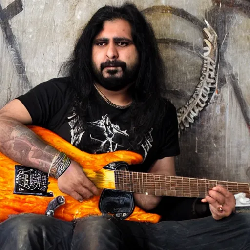 Prompt: Shadi Jamil in a heavy metal band, photograph