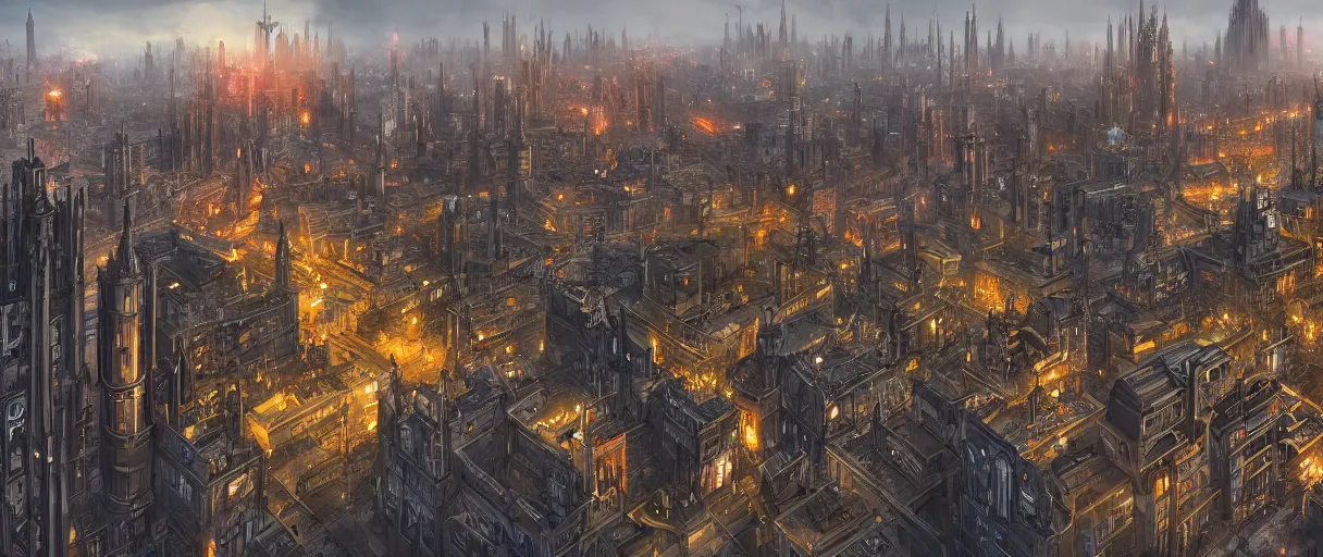 Prompt: digital concept art of dystopian, gothic berlin, high quality, high detail, in the style of Ralph McQuarrie, megacity surrounded by huge impenetrable tall walls, large hero buildings in the middle towering above the others, tram stations, metro, vivid colours, matte painting, photoshop