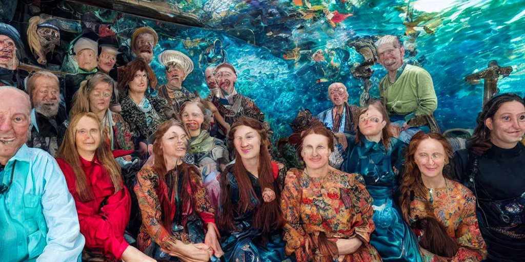 Prompt: detailed colour photograph group portrait of amazingly characterful people sat down extreme closeup, in the inside of the beautiful underwater train to atlantis, realistic and lifelike expressions, crowds of people sat down wearing odd clothes