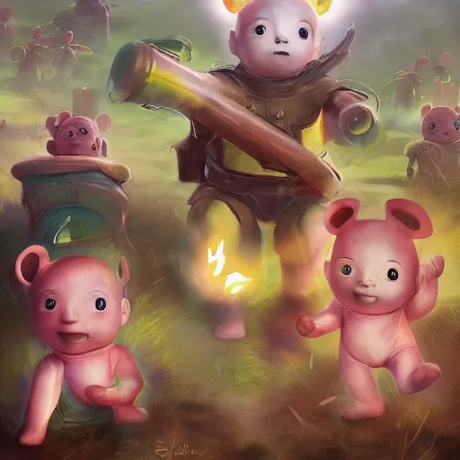 Image similar to teletubbies on a destructive rampage. people flee them in fear., by stjepan sejic, ruan jia, and mandy jurgens, and artgerm, and william adolphe bouguereau 8 k. epic digital art. trending on artstation. trending on deviantart.